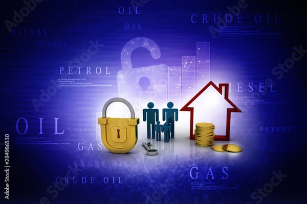 Fototapeta 3D rendering of a keylock with a house in family