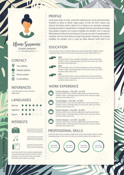 Fototapeta Feminine resume with infographic elements and tropic design. Stylish CV set for women. Clean vector profile.