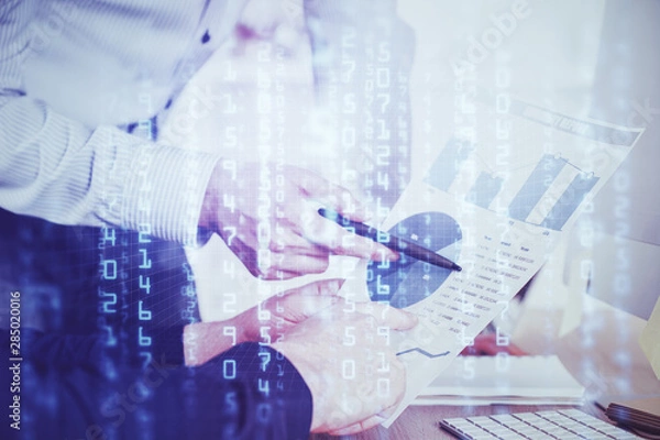 Obraz Writing man's hand with technology Ai icons.