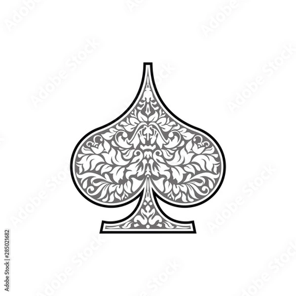 Fototapeta Poker playing card suit Spades design shape single icon. Spades suit deck of playing card used for ace in Las Vegas royal casino. Single icon pattern isolated on white. Ornament drawing pic for tattoo