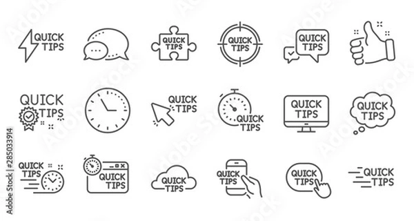 Obraz Quick tips line icons. Helpful tricks, Solution and Quickstart guide. Tutorial linear icon set. Quality line set. Vector
