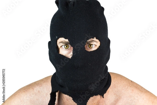 Obraz man with balaclava and Green eyes in White background