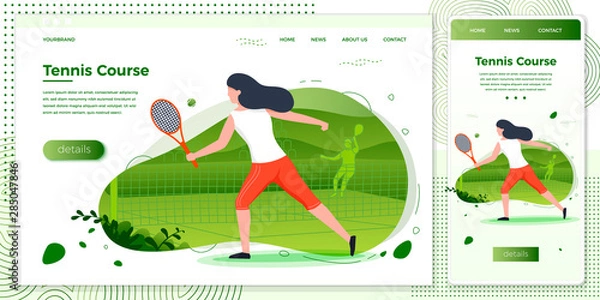 Fototapeta Vector cross platform illustration set - sporty girl playing tennis. Court, park, trees and hills on green background. Browser and mobile phone template with place for your text.