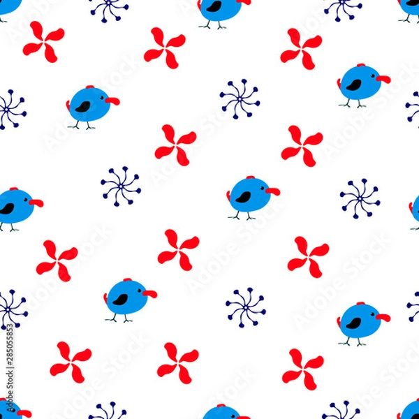 Fototapeta Seamless vector pattern with birds and leaves in blue, red and white background.