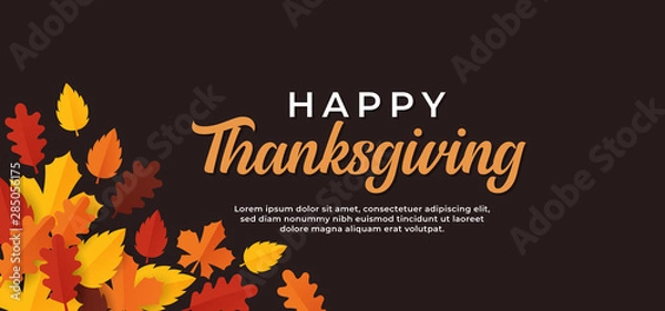 Fototapeta Happy thanksgiving day text minimal background with dry fall leaves vector illustration.