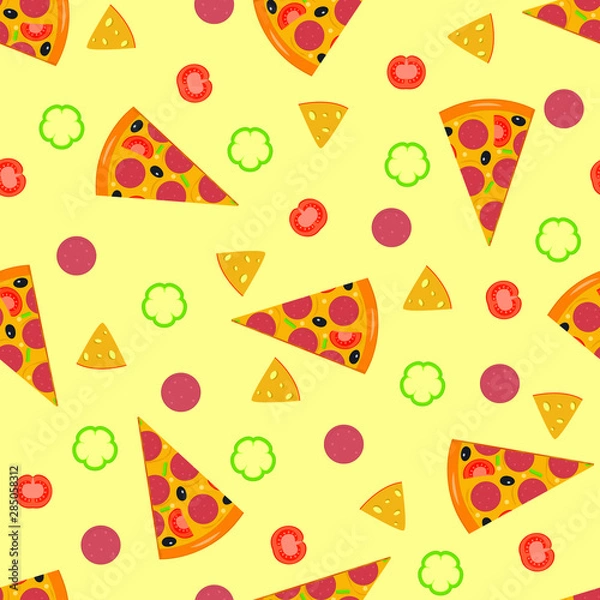 Fototapeta Slice pizza with sausage, olives and tomatoes in flat style seamless vector pattern