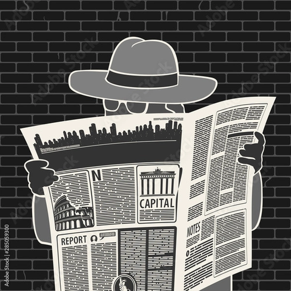 Fototapeta Illustration Vector Man In Hat With Newspaper Spies