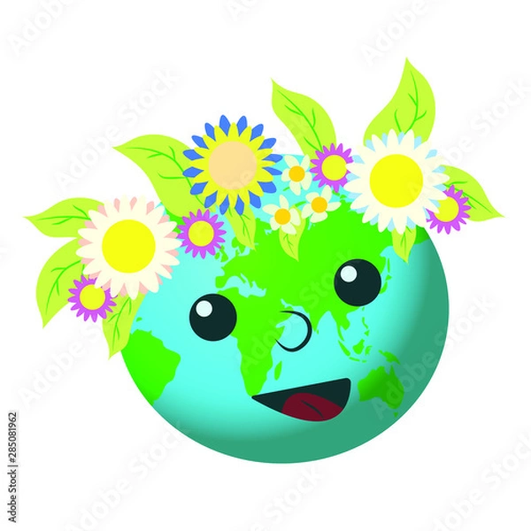 Fototapeta Funny, bright, summer planet Earth with a wreath of flowers smiling. Vector isolated illustration on white background