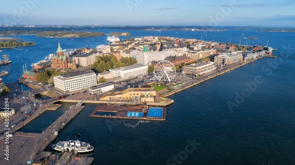 Fototapeta  Beautiful panorama of Helsinki city. Aerial view of katajanokka, uspetski cathedral and the skywheel. Sunny autumn evening.