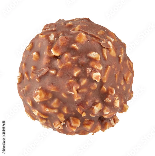 Fototapeta Beautiful chocolate candy ball shape with filling and nuts, isolated on white background. Full sharpness across the entire frame field.