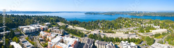 Fototapeta Mercer Island Lake Washington Aerial View Summer Sunny Day Bellevue and Seattle in the Distance
