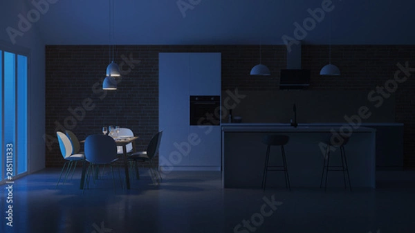 Fototapeta The interior of the kitchen in a private house. White - gray Scandinavian style kitchen. Night. Evening lighting. 3D rendering.