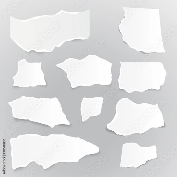 Fototapeta Collection different shapes torn paper pieces. Set of ripped paper sheets. Template for notes, banners, scraps, advertising.