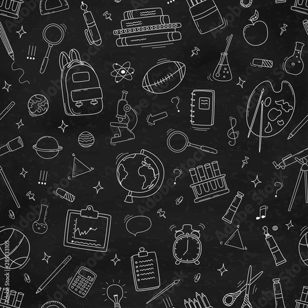 Fototapeta Seamless pattern with school supplies and creative elements. Back to school background. Vector illustration.