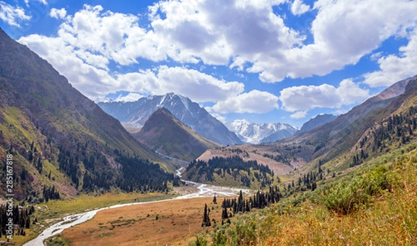 Fototapeta Panoramic view of the beautiful Left Talgar mountain valley with river, rocks and forest in Tian Shan mountains near Almaty city; best place for active lifestyle, hiking and trekking in Kazakhstan.