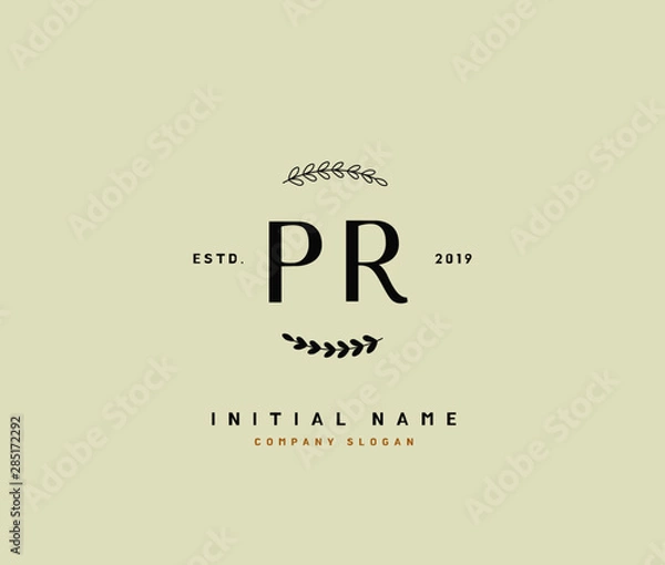 Fototapeta P R PR Beauty vector initial logo, handwriting logo of initial signature, wedding, fashion, jewerly, boutique, floral and botanical with creative template for any company or business