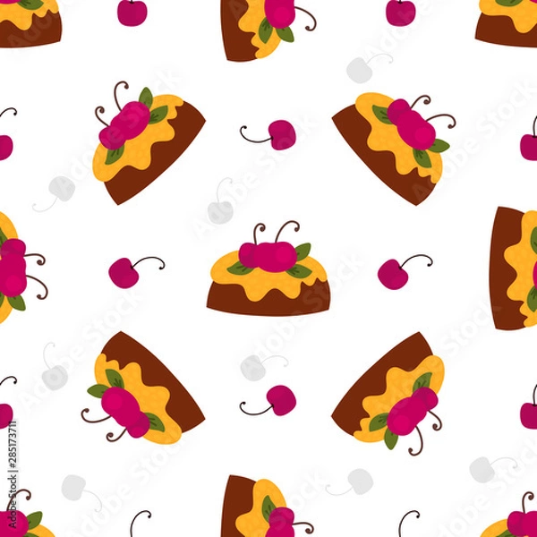 Fototapeta Cakes, pastries and bakery, sweet desserts vector pattern, hand drawn vector illustration. Cartoon style, design for different backgrounds. 