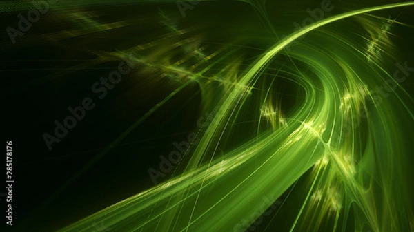Fototapeta Abstract green background element on black. Fractal graphics 3d Illustration. Three-dimensional composition of glowing lines and motion blur traces. Movement and innovation concept.