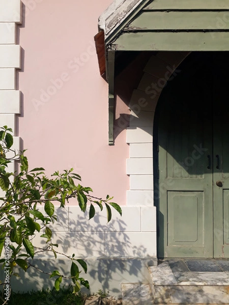 Fototapeta The vintage style concept of the background of the building wall with doors and trees is an element, the architecture of the building that blends perfectly with the composition of the picture