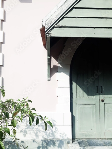 Fototapeta The vintage style concept of the background of the building wall with doors and trees is an element, the architecture of the building that blends perfectly with the composition of the picture