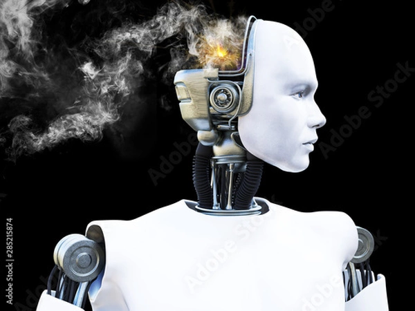Fototapeta 3D rendering of male robot with smoke from his head.