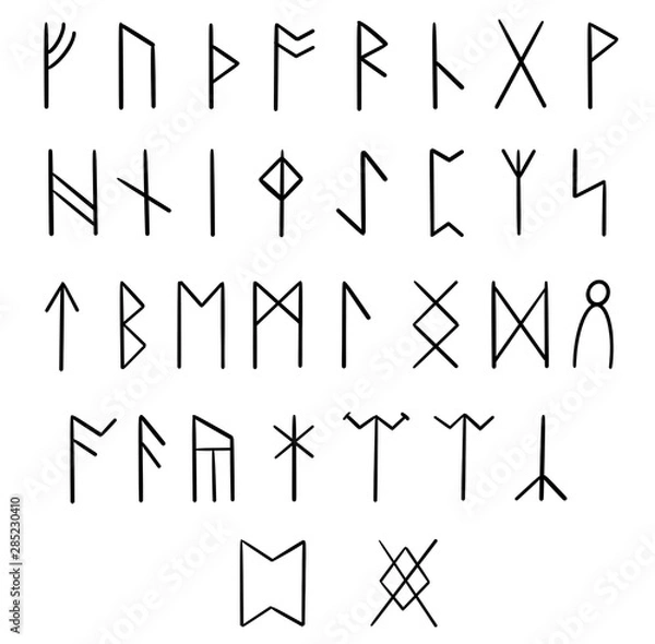 Fototapeta Anglo-Saxon futhark runic font. 33 runes. ABC hand drawn letters. Ancient futhark. Black symbols are isolated on white background.