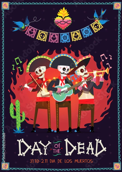 Obraz Day of the dead poster with three mariachi playing music and birds over them carry paper flag garland. Vector illustration