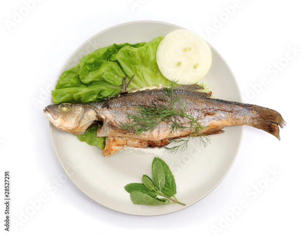 Fototapeta Fried fish with vegetable isolated on white background.
