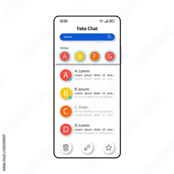 Fototapeta Fake chat messages smartphone interface vector template. Mobile app page color design layout. False user accounts notifications screen. Flat UI for application. Scam technology phone display