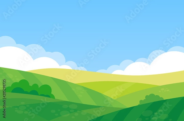 Fototapeta Beautiful landscape of farm field, Vector illustration of a rural summer meadow on a sunny day in flat cartoon style.