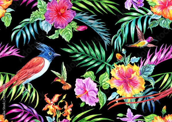 Fototapeta Seamless tropical pattern of hibiscus flowers, palm leaves, orchids and birds, watercolor illustration on a black background, print for fabric and other designs.