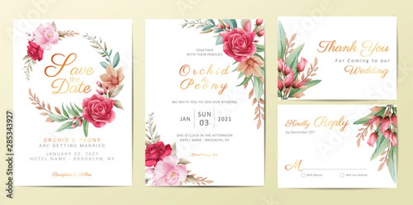 Fototapeta Wedding invitation cards template set with elegant flowers. Watercolor flowers decoration Save the Date, Invitation, Greeting, Thank You, RSVP cards vector