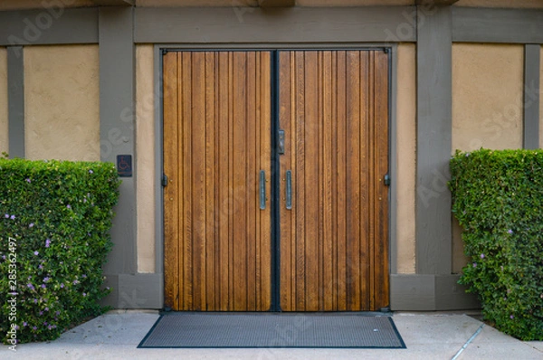 Obraz Beautiful rustic wooden door sits closed between two lush hedges