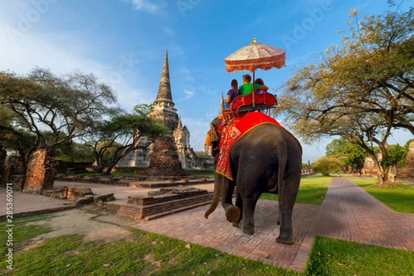 Fototapeta Foreign tourists Elephant ride to visit Ayutthaya, There are ruins and temple in the Ayutthaya period.Concept is Travel in temple phar sri sanphet.