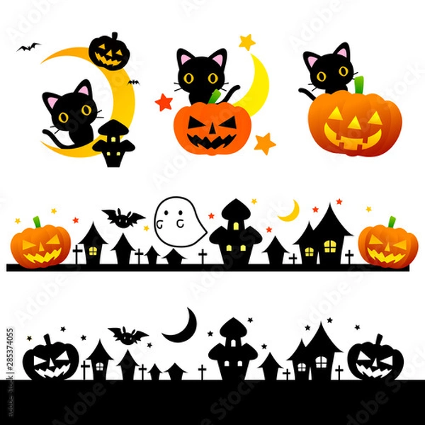 Fototapeta ハロウィン素材・月と黒猫とカボチャおばけジャック・オー・ランタン 