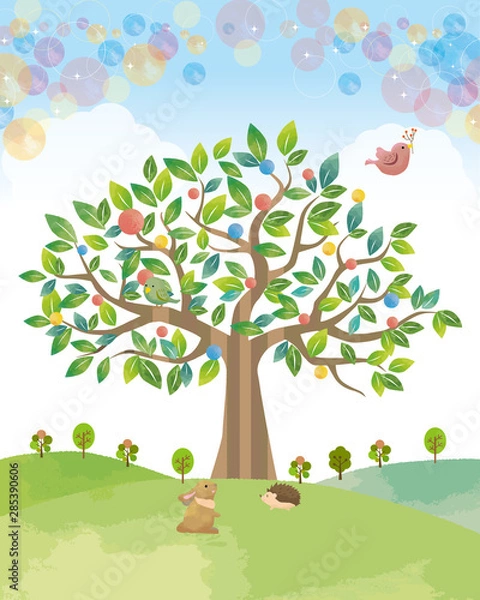 Fototapeta 大木　木　景色　自然　エコロジー　水彩　手書き　シャボン玉　背景素材　緑