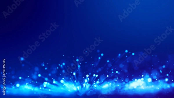 Fototapeta 3d rendering of abstract blue background with glowing particles like micro world science fiction with depth of field and bokeh. Blue light rays like laser show for bright festive presentation