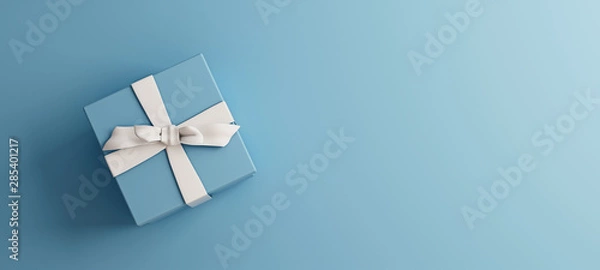 Fototapeta Plakat makiety, pudrowe pudełko z białą kokardką na jasnoniebieskim tle, renderowanie 3D, ilustracja 3D