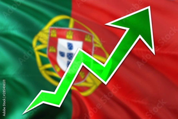 Fototapeta Portugal economy graph is indicating positive growth, green arrow going up with trend line. Business concept on national background.