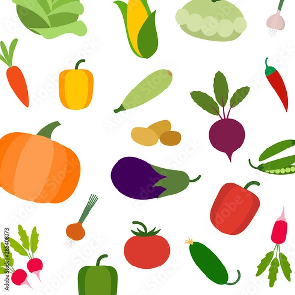 Fototapeta Vegetarian vector pattern with carrot, tomato, radish and eggplant, corn, squash and pumpkin. Colorful veggies modern background. Vegetables isolated on white background.