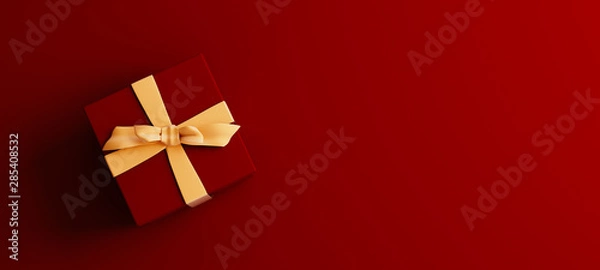 Fototapeta Plakat makiety, ciemnoczerwone pudełko ze złotą kokardką na ciemnoczerwonym tle, renderowanie 3D, ilustracja 3D