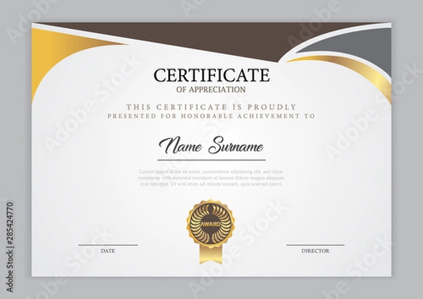 Fototapeta Certificate template with gold element, diploma, vector illustration