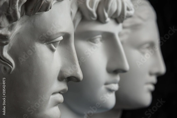 Fototapeta Gypsum copy of ancient statue Apollo, Antinous and Venus head on dark textured background. Plaster sculpture face.