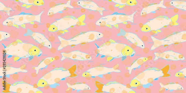 Fototapeta Colorful sealife goldfish koi seamless pattern. With geometric touch in tones of blue, pink and yellow. Modern, graphic, whimsical style. Perfect for restaurant menue, packaging design, aqua and sea