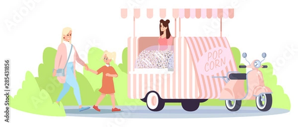 Obraz Popcorn food truck flat vector illustration. Mother with daughter walking for buying pop corn at city fair. Street food vehicle, vendor, buyers isolated cartoon characters on white background