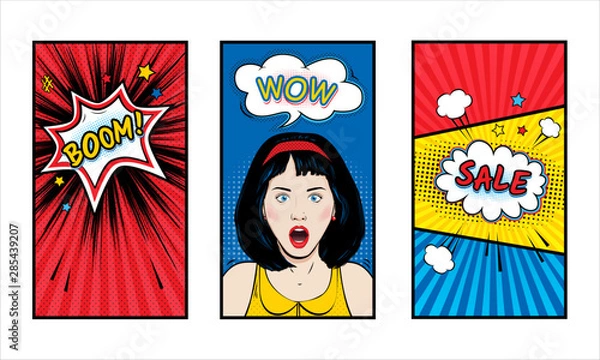 Fototapeta Set of templates for social media story cover. Surprised woman with Wow pop art face and open mouth. Vector colorful background in pop art retro comic style with speech bubbles