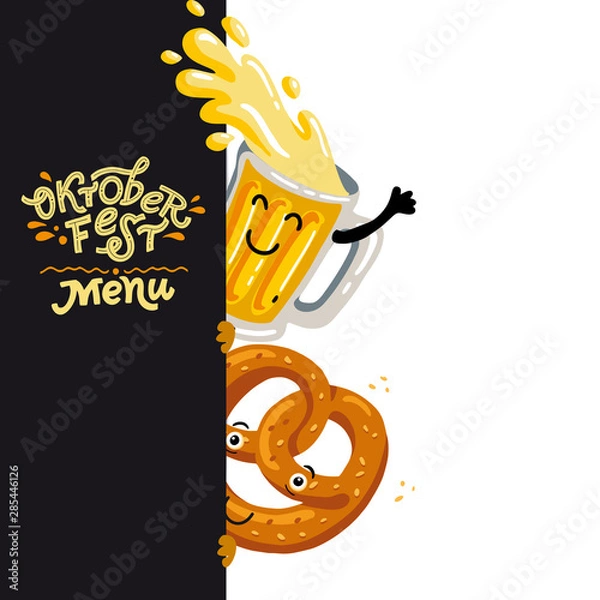 Fototapeta Oktoberfest- german beer festival in munich. Vintage template for menu. Cartoon design with kawaii beer, pretzel characters. flat vector illustration for card, print.