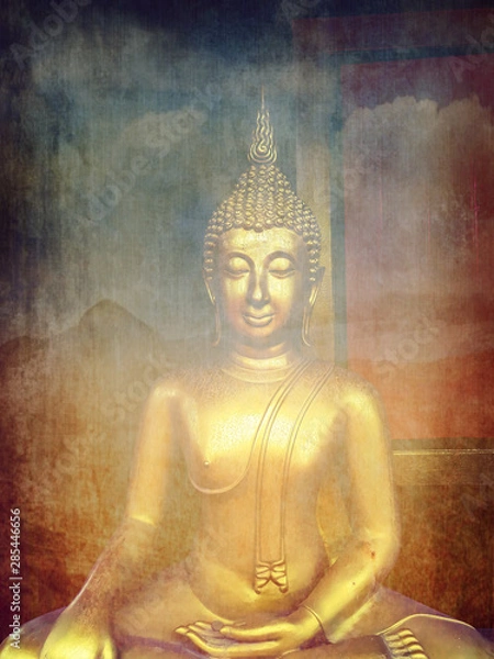 Fototapeta golden buddha statue, The face of gold buddha statue, Close up of the old Thai buddha with wooden wall background in art of religion concept