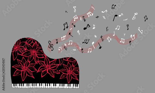 Obraz 赤い花のグランドピアノと音符 Grand piano - red flower with notes
