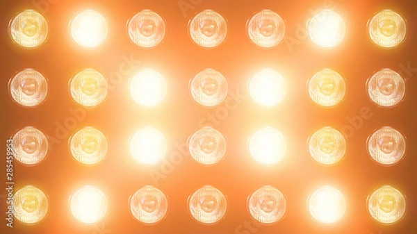 Fototapeta 3D rendering of a wall with flashing lights and bright spotlights. Perfect background with glow effects and lenses for collages, presentations of music videos and shows